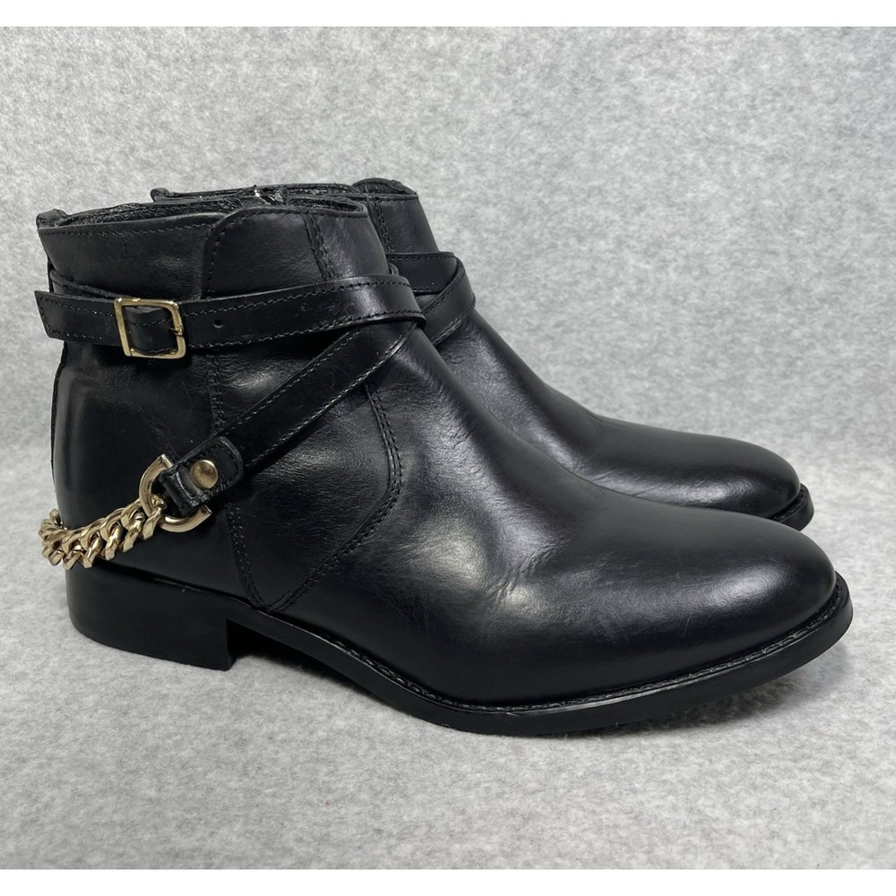 Steven Madden Ankle Booties Ringo Womens 8.5 Black Leather Chain Strap Zip Biker